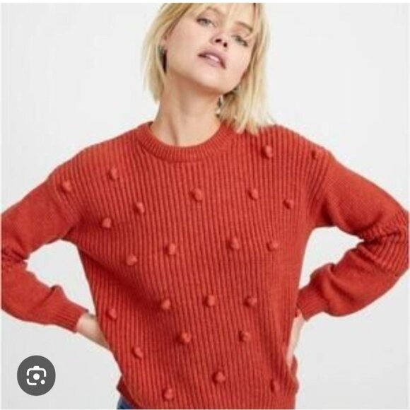 Marine Layer Sweater Womens Small Rust Orange Pom Pom Ribbed Wool Blend Pullover - Picture 3 of 8